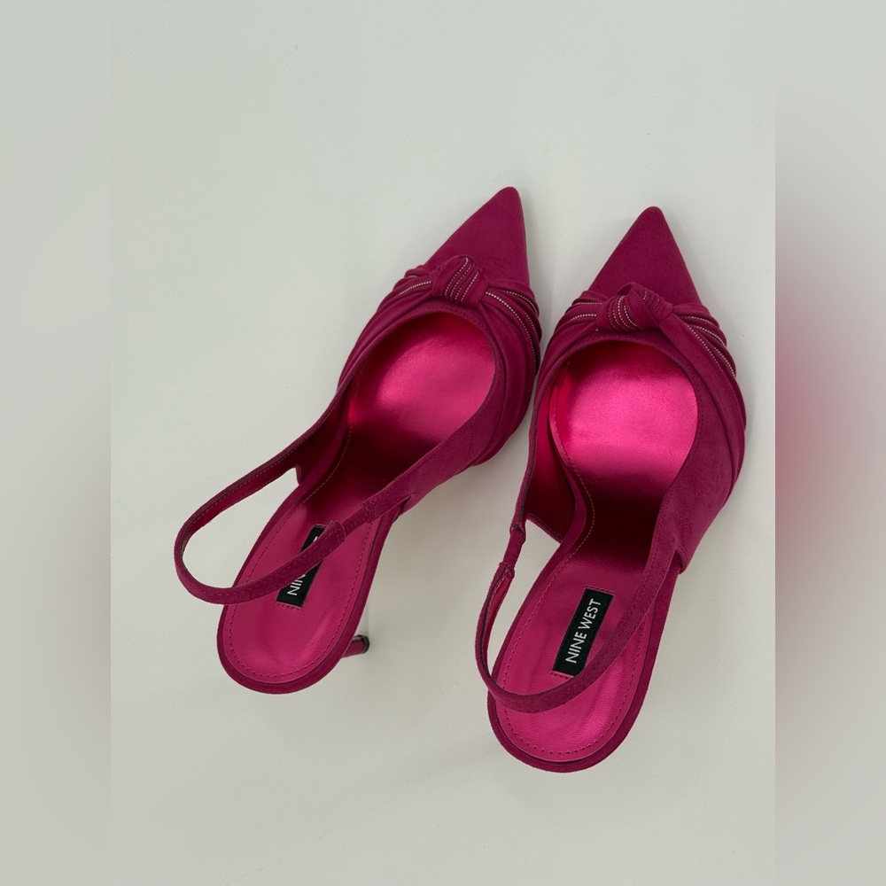 Nine West Faive Pink Suede Slingback Stiletto Pointed Toe Knot Detail Heels - Picture 3 of 16